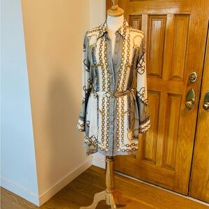 Vertigo Paris Gray and Cream Belted Long Sleeve Dress